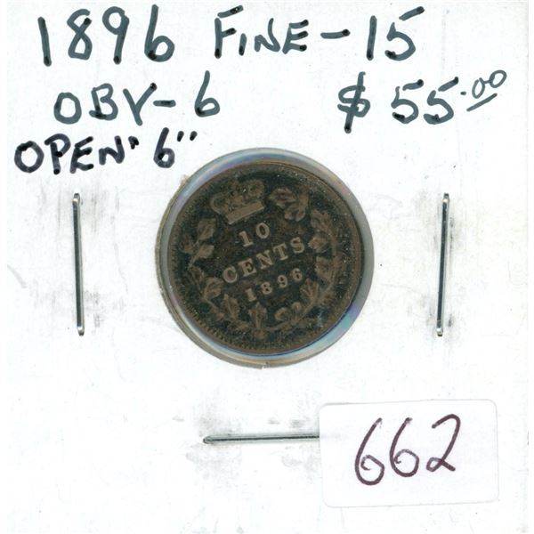 1896 Obverse 6 Victorian Silver 10 Cents. F-15.