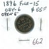 Image 1 : 1896 Obverse 6 Victorian Silver 10 Cents. F-15.