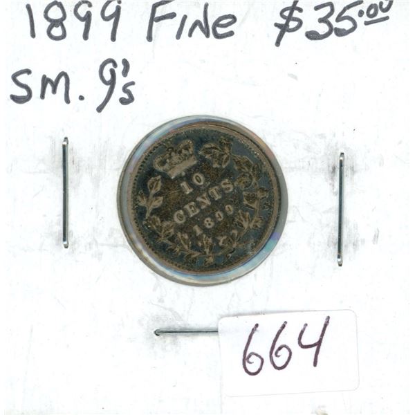 1899 Small 9s Victorian Silver 10 Cents. F-12.