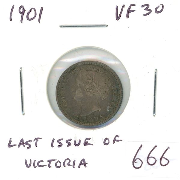 1901 Silver 10 Cents. The last 10 cents issued for Queen Victoria. VF-30.