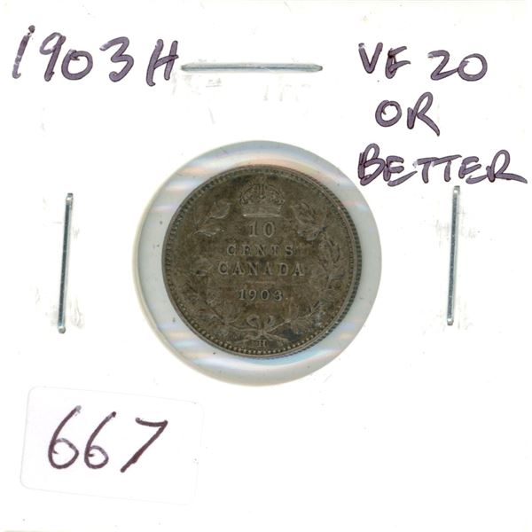 1903H Silver 10 Cents. Heaton Mint. VF-20 or better.
