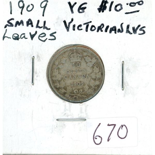 1909 Small Victorian Leaves Silver 10 Cents. VG-8.