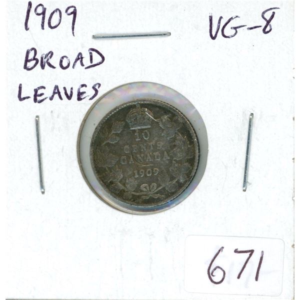 1909 Broad Leaves Silver 10 Cents. VG-8.
