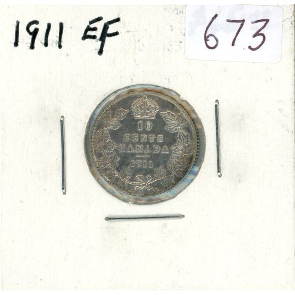 1911 Silver 10 Cents. The first 10 cents issued for King George V. EF-40.