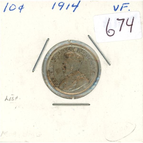 1914 Silver 10 Cents. First year of World War I. VF-20.