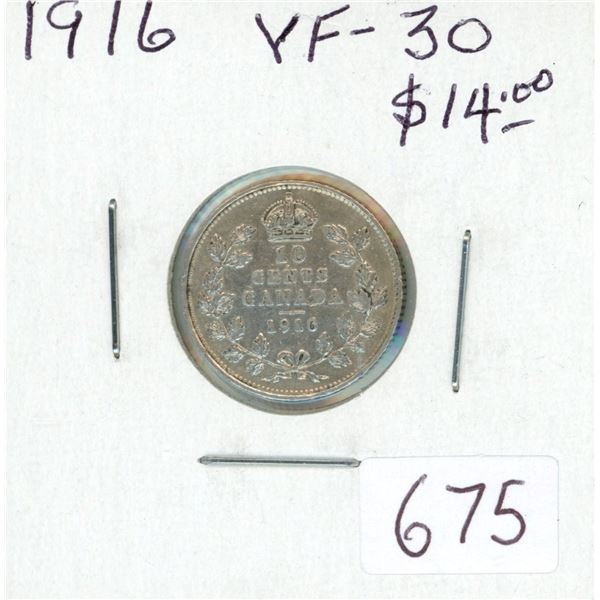 1916 Silver 10 Cents. World War I issue. VF-30.