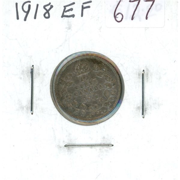 1918 Silver 10 Cents. Final year of World War I. EF-40.