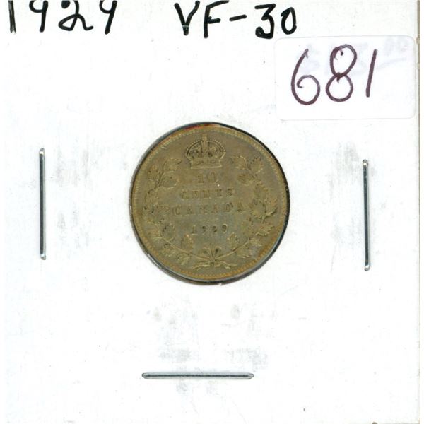 1929 Silver 10 Cents. First year of the Great Depression. VF-30.