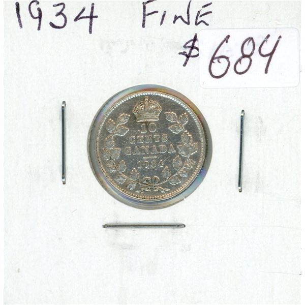 1934 Silver 10 Cents. F-12.