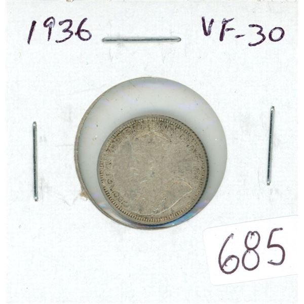 1936 George V Silver 10 Cents. The year of 3 Kings (George V, Edward VIII & George VI). VF-30.