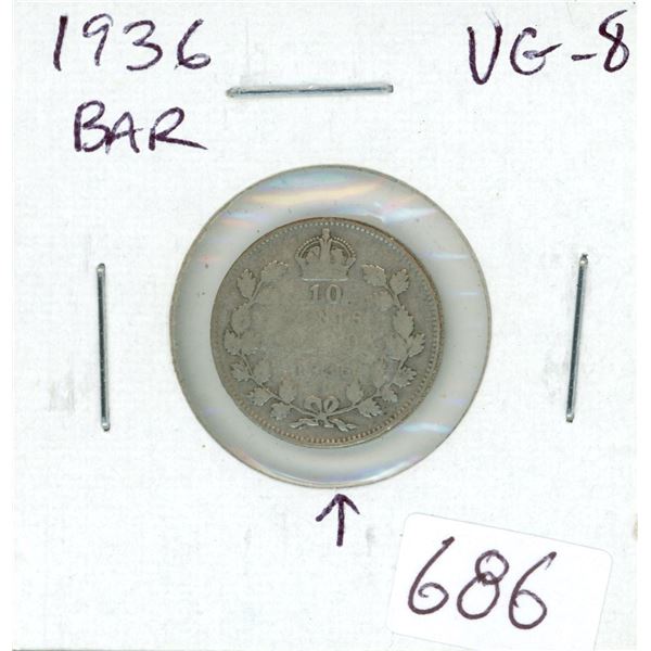 1936 Bar Silver 10 Cents. Has a Die Crack (Bar) at the bottom of the bow. VG-8. Key Date.