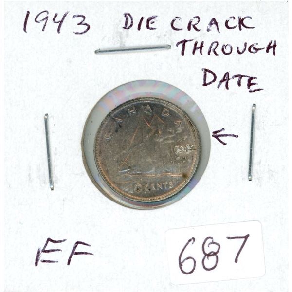 1943 Die Crack Through Date Silver 10 Cents. EF-40.