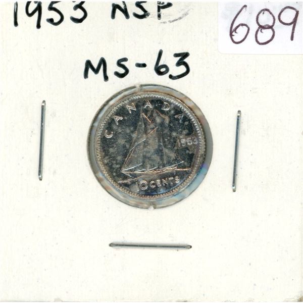 1953 No Shoulder Fold Silver 10 Cents. MS-63.