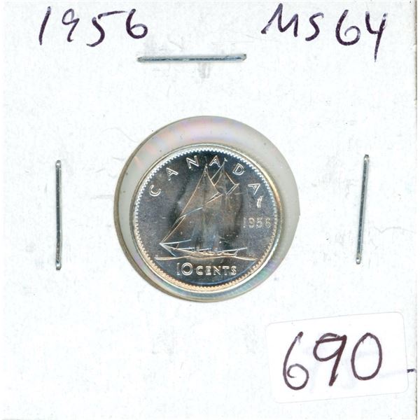 1956 Silver 10 Cents. MS-64. Bright White. Nice.
