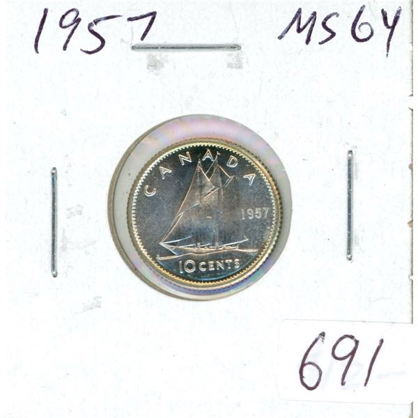 1957 Silver 10 Cents. MS-64. Bright White. Nice.