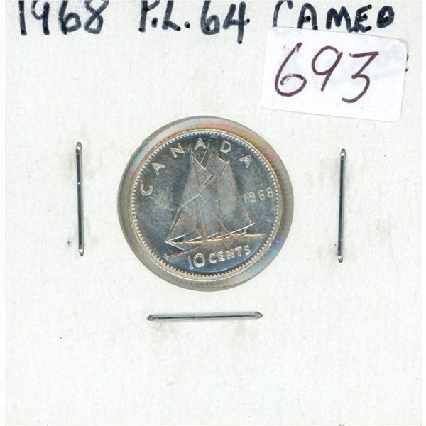1968 Silver 10 Cents. The last year of silver coinage. PL-64 Cameo.