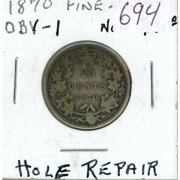 1870 Obverse 1 Victorian Silver 25 Cents. Coin has been holed and filled. F-12.