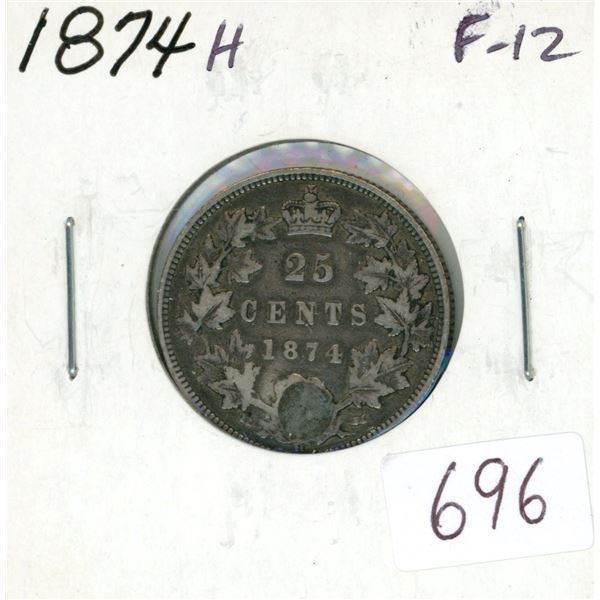 1874H Victorian Silver 25 Cents. Coin has been holed and filled. Heaton Mint. F-12.