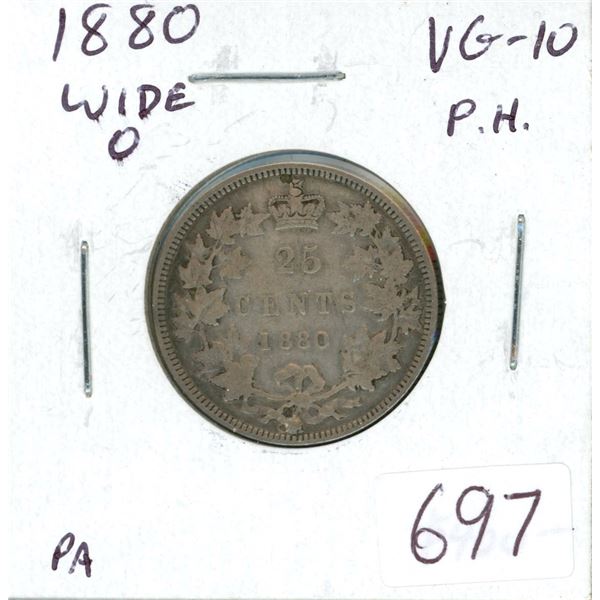 1880 Wide 0 Victorian Silver 25 Cents. Coin has been drilled several times but never all the way thr