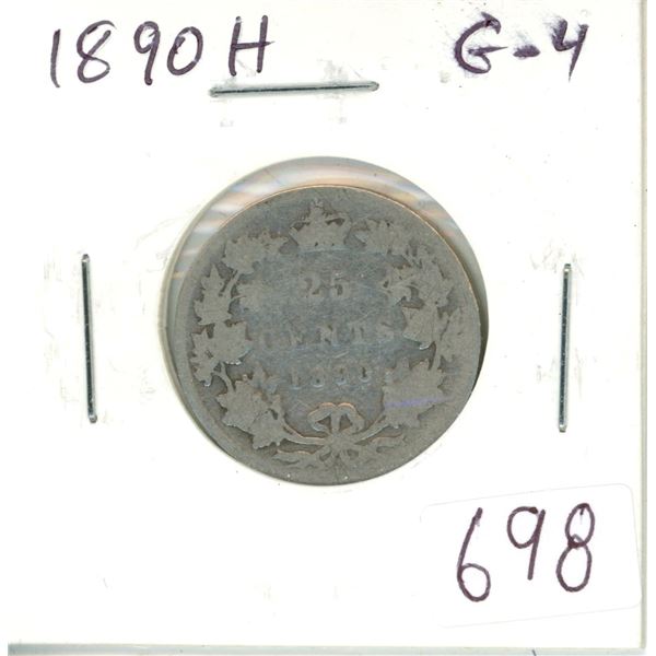 1890H Victorian Silver 25 Cents. Heaton Mint. G-4.
