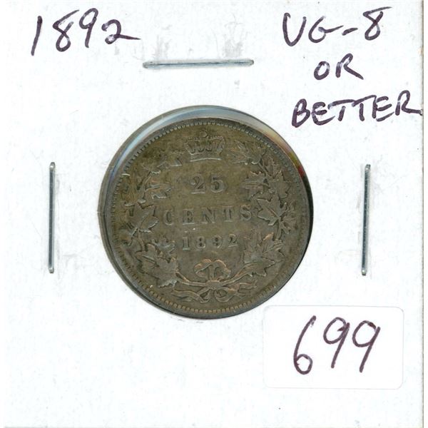 1892 Victorian Silver 25 Cents. VG-8 or better.
