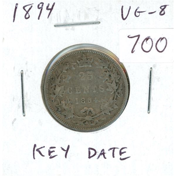 1894 Victorian Silver 25 Cents. VG-8. Key Date.