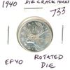 Image 1 : 1940 Die Crack Through Horns Silver 25 Cents. EF-40 with Rotated Die.