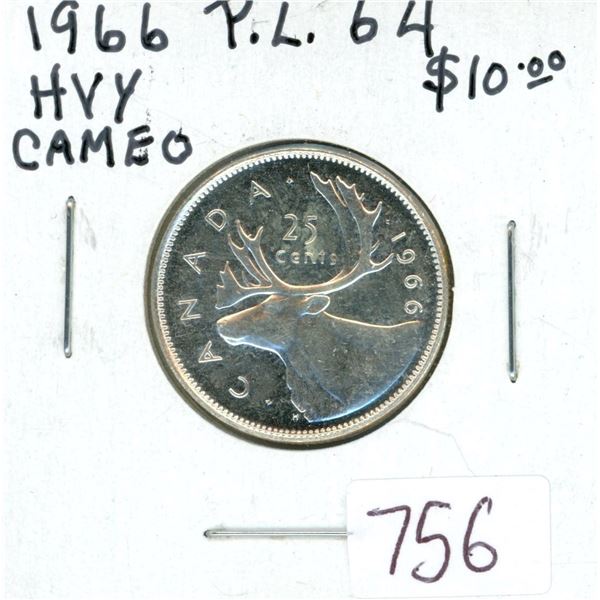 1966 silver 25 Cents. PL-64. Heavy Cameo.