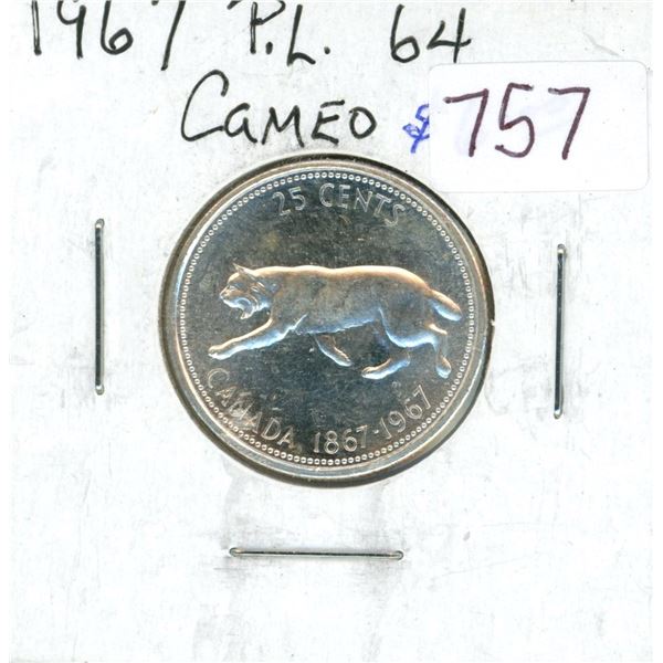 1967 Silver 25 Cents. PL-64. Cameo.