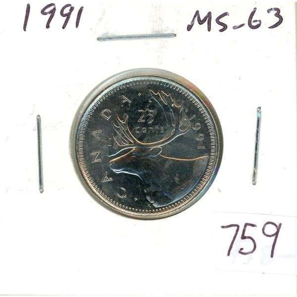 1991 25 Cents. Key Date. Mintage of 459,000. MS-63.