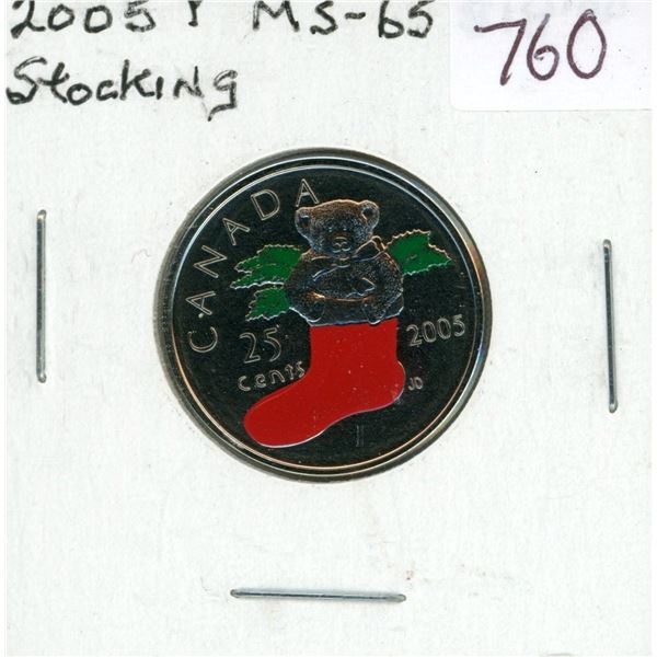 2005P Teddy Bear in Red Colourized Stocking 25 cents. MS-65. Nice.