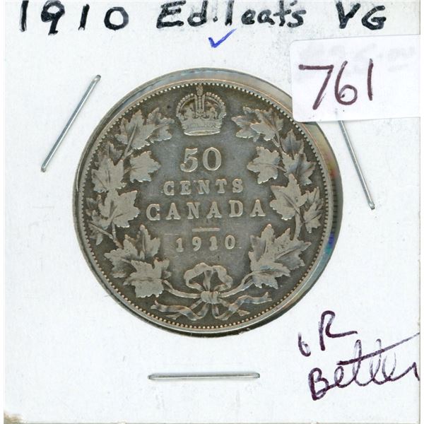 1910 Edwardian Leaves Silver 50 Cents. VG-8 or better.