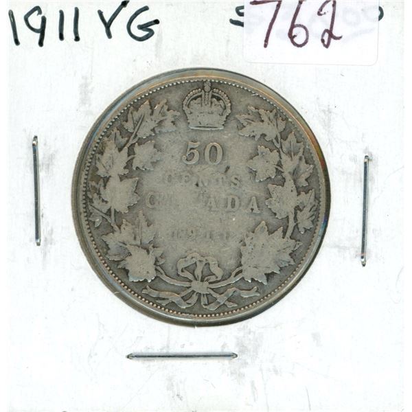 1911 Silver 50 Cents. First 50 cents issued for King George V. Key Date. Mintage of 209,972. VG-8.