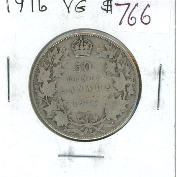1916 Silver 50 Cents. World War I issue. Key Date. Mintage of 459,070. VG-8.