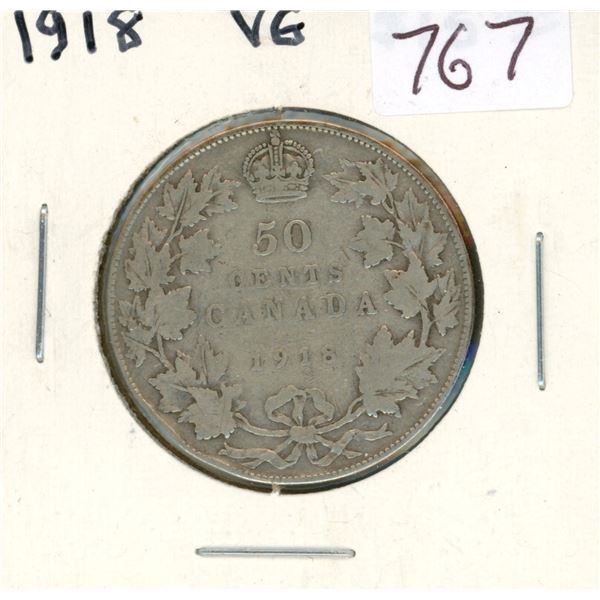1918 Silver 50 Cents. Last year of World War I. VG-8.