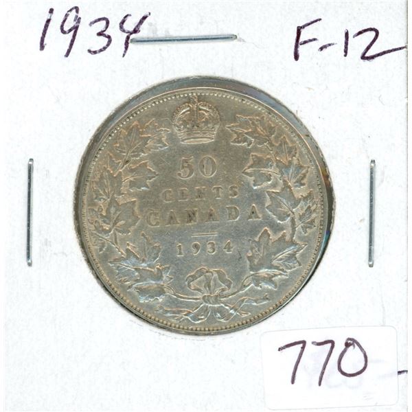 1934 Silver 50 Cents. Key Date. Mintage of 39,539. F-12. Scarce.