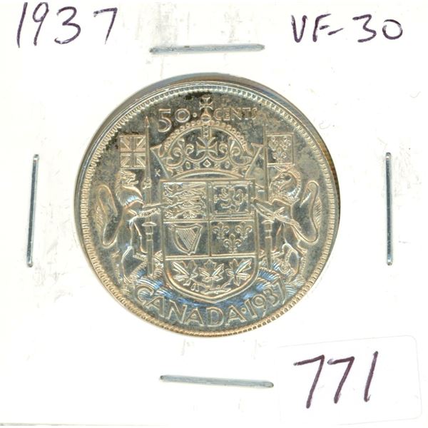 1937 Silver 50 Cents. First 50 cents issued for King George VI. Key Date. Mintage of 192,016. VF-30.
