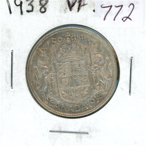 1938 Silver 50 Cents. Key Date. Mintage of 192,018. VF-20.