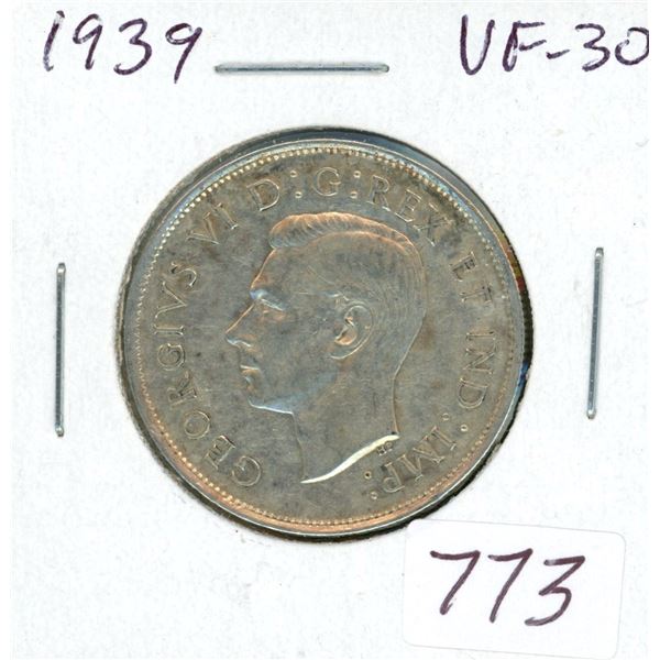 1939 Silver 50 Cents. First year of World War II. Key Date. Mintage of 287,976. VF-30.