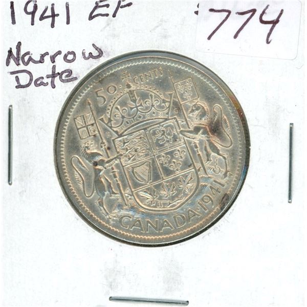 1941 Narrow Date Silver 50 Cents. World War II issue. EF-40.
