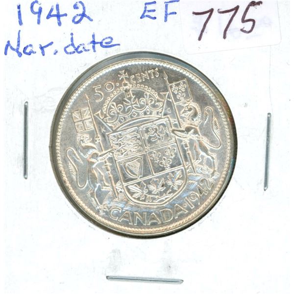 1942 Narrow Date Silver 50 Cents. World War II issue. EF-40.