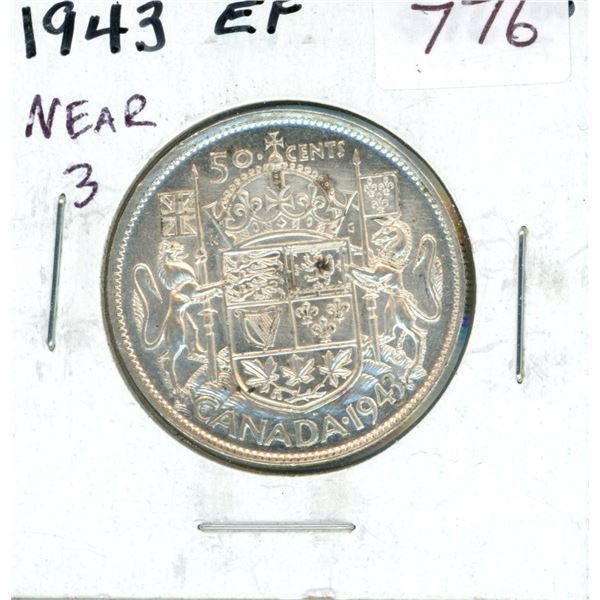 1943 Near 3 Silver 50 Cents. World War II issue. EF-40.