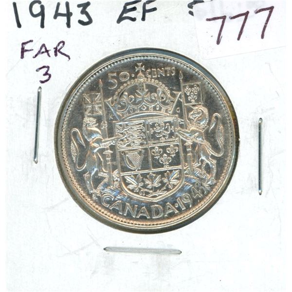1943 Far 3 Silver 50 Cents. World War II issue. EF-40.
