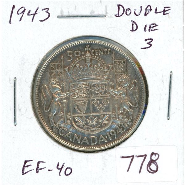 1943 Double Die 3 Silver 50 Cents. Scarce. EF-40.