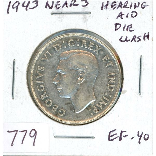 1943 Near 3 with Hearing Aid from Die Clash Silver 50 Cents. EF-40.