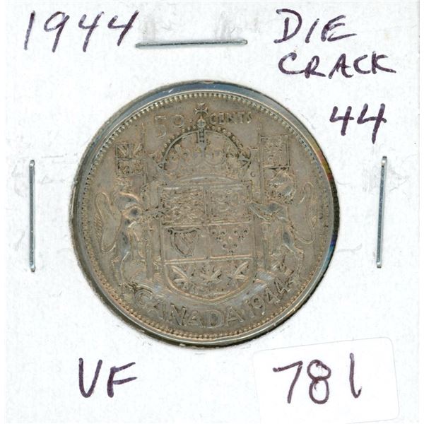 1944 Die Crack through 44 in Date Silver 50 Cents. VF-20. Scarce.