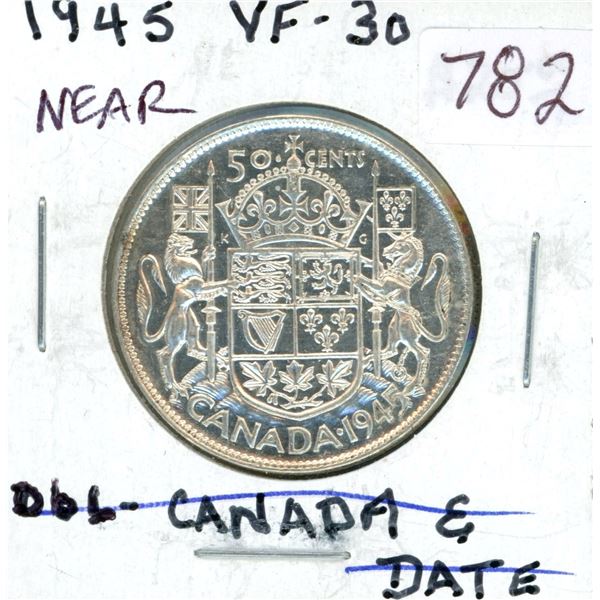 1945 Near 5 Silver 50 Cents. Last year of World War II. VF-30.
