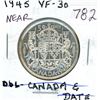 Image 1 : 1945 Near 5 Silver 50 Cents. Last year of World War II. VF-30.