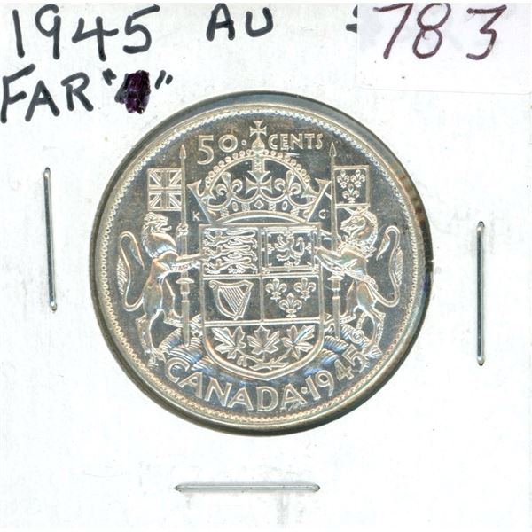 1945 Far 5 Silver 50 Cents. Last year of World War II. VF-30.