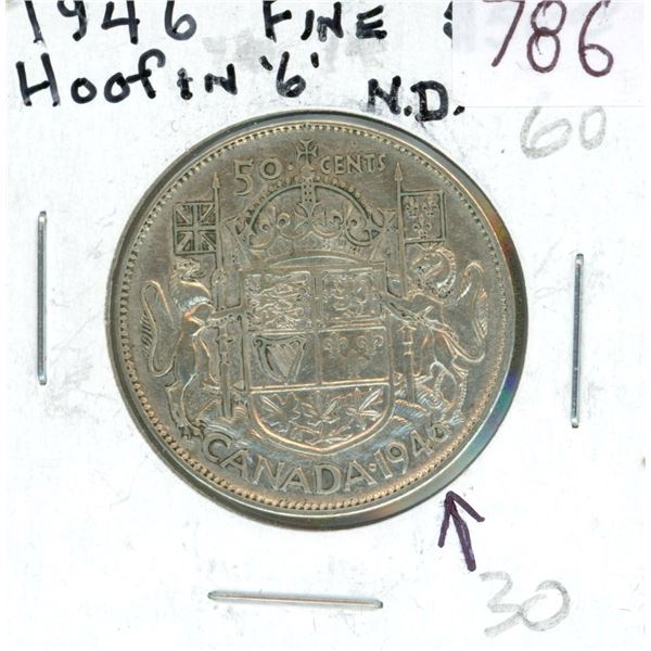 1946 Narrow Date Hoof in 6 silver 50 Cents. Scarce variety. F-12 or better.